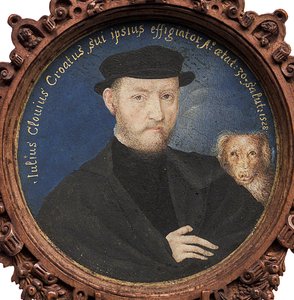 Omakuva koiran kanssa, 1528 tekijältä Giulio Clovio