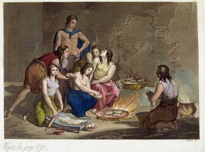 Meksikon vanhimmat leipomassa leipää - "Antique and Modern Costume" -asussa, kirjoittanut Ferrario, toim. Milano tekijältä Giulio Ferrario