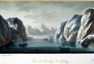 Southern Bay Spitzbergissä, Norjassa - Jules Ferrarion "" Vanha ja moderni puku" -julkaisussa, toim. Milano tekijältä Giulio Ferrario