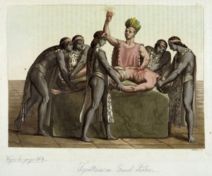 Topiltzin (muinaisten meksikolaisten sivilisaatioiden ylipappi) uhraamassa ihmisuhria Jules Ferrarion ""The Ancient and Modern Costume" -kappaleessa