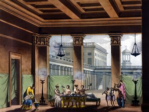 Triclinium-sytyttivät öljylamput muinaisessa Kreikassa: juhlakohtaus - julkaisussa Jules Ferrarion vanha ja moderni puku, toim. Milano