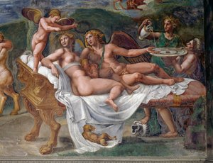 Amor ja Psyche tyttärensä Voluptasin kanssa makaamassa sängyllä, yksityiskohta hääjuhlasta tai jumalten juhlasta, fresko Giulio Romano (1499-1546), Palazzo Te, Mantova (UNESCOn maailmanperintöluettelo, 2008), Lombardia, Italia