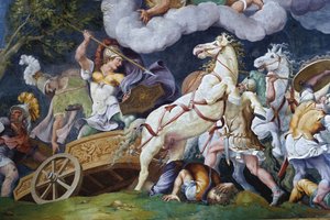 Diomedes taistelee Phegeusta ja Idaiosta vastaan. tekijältä Giulio Romano