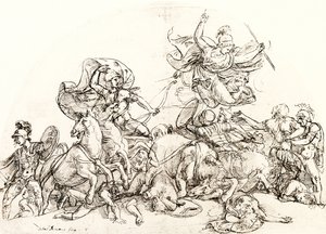 Pallas Athene lohduttaa Pandaroksen haavoittamaa Diomedeusta. tekijältä Giulio Romano