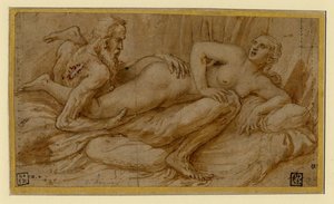 Erotic Scene par Romano, Giulio (1499-1546), vuoden 1524 jälkeen - Kynä, sivellin, ruskea intialainen muste, valkoinen väri, musta liitu paperille