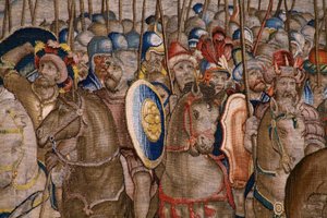 Flanderin kuvakudos. Sarja Scipion teot: Zaman taistelu. Sarjakuvapiirtäjä Giulio Romano. Balthasar van Vlierdenin (?) ateljee, Bryssel. 1523-1532. Yksityiskohta. tekijältä Giulio Romano