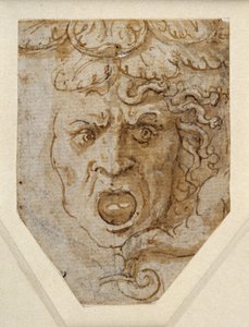 Medusa-pää (kynä ja ruskea muste esikuvien päällä mustalla liidulla, valkoiset korostukset valkoisella paperilla) tekijältä Giulio Romano