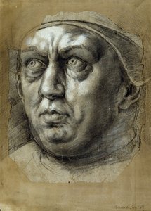Paavi Leo X:n pää (mustavalkoisia liituja paperilla) tekijältä Giulio Romano