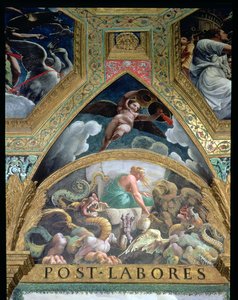 Lunetti, jossa Psyche joutuu Venuksen asettamaan koettelemukseen, jossa hän hakee manalasta Proserpinen kauneuden sisältävän purkin, Sala di Amore e Psiche, 1528, fresko 78427, yksityiskohta. tekijältä Giulio Romano