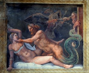 Jupiter viettelee Olympiaa, jonka salaman salaman tarttuu kotka, joka poraa Makedonian mustasukkaisen kuninkaan silmää Sala di Amore e Psichestä, 1528