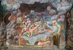 Sala dei Giganti, yksityiskohta Jupiterin ukkoseniskujen tuhoamista jättiläisistä, 1536 fresko yksityiskohta 78482:sta tekijältä Giulio Romano