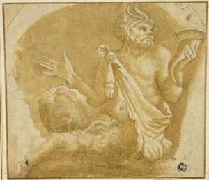Istuva Faun Holding Cornucopia (recto); Luonnos puusta ja talosta (käänteinen) tekijältä Giulio Romano
