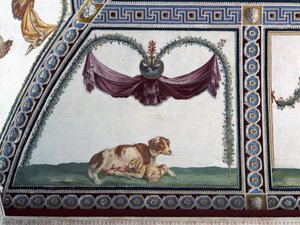 Camera con Fregio di Amorini Amorinin kammio Amorin friisi yksityiskohta koirasta ja pennusta, 1520-luvun fresko tekijältä Giulio Romano