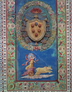 Camera con Fregio di Amorini Amorinin kammio Amorinin friisi yksityiskohta katon keskiosasta, joka on koristeltu Medicin vaakunareliefillä ja yön allegorialla, 1520-luvun fresko ja stu tekijältä Giulio Romano