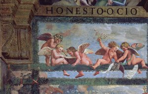 Maalaismainen juhla-ateria, yksityiskohta musiikkia soittavista putteista, Sala di Amore e Psiche, 1528 fresko yksityiskohta 78428:sta tekijältä Giulio Romano