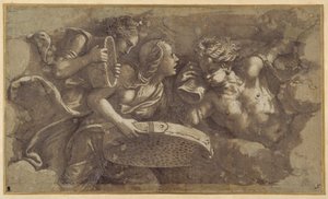 Vestal Tuccia seulalla (kynä ja ruskea muste ruskealla pesulla paperilla) tekijältä Giulio Romano