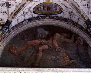Loggia, yksityiskohta lunettesta holvissa, joka kuvaa Pania ja satyyreja tekijältä Giulio Romano