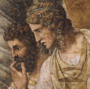 Kaksi miestä, rinnan pituus, alaspäin katsova: sarjakuva kuvakudos, tekijältä Giulio Romano