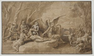 Venus suree Adonisin kuolemaa tekijältä Giulio Romano