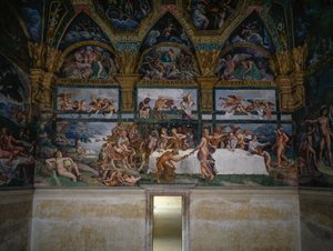 Hääjuhla tai jumalien juhla, Giulio Romanon (1499-1546) fresko, Cupidon ja Psychen kamarin länsimuuri, Palazzo Te, Mantova (UNESCOn maailmanperintöluettelo, 2008), Lombardia, Italia tekijältä Giulio Romano