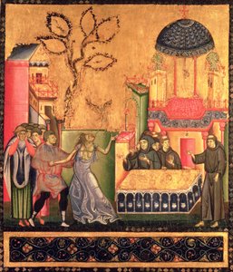 Pyhän Franciscuksen alttaritaulu, riivatun naisen ihmettä kuvaava yksityiskohta (tempera paneelissa)
