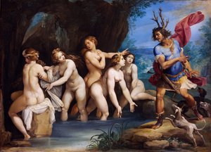 Diana ja Actaeon - Giuseppe Cesarin (1568-1640) maalaus, öljy kuparille, noin 1604, 50x69 cm - Diana ja Actaeon, Giuseppe Cesarin öljy kuparille - Szepmuveszeti Muzeum, Budapest