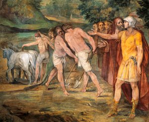 Romulus merkitsee Rooman rajoja, kirjoittanut Giuseppe Cesari (1568-1640), fresko, Horatii- ja Curiatii-sali, konservatorioiden palatsi, Rooma, Rooman kuningaskunta, Italia