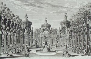 Suunnittelu viihdekäyttöön puutarhassa, "Architectus Theatralis Primarius", kaiverrus Johann Andreas Pfeffel (1674-1748), julkaistu 1740 (kaiverrus) tekijältä Giuseppe Bibiena