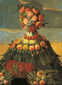 Italia, Firenze, kevät, kori kirsikoita kukilla tekijältä Giuseppe (follower of) Arcimboldo