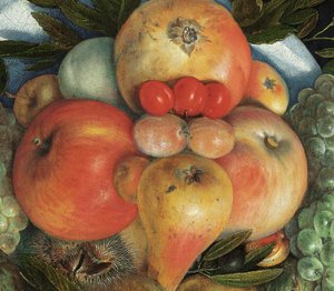 Käännettävä antropomorfinen muotokuva miehestä, joka koostuu hedelmistä tekijältä Giuseppe Arcimboldo