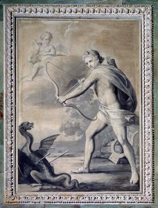 Apollon tappaa käärmeen Python (yksivärinen piirros tekijältä Giuseppe Bacigalupo