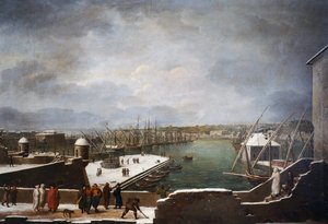 Näkymä Genovan satamaan lumessa tekijältä Giuseppe Bacigalupo