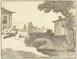 Kylänäkymä Alcobaçassa Portugalissa tekijältä Giuseppe Bernardino Bison (possibly)