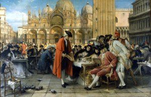 Taidemaalari Francesco Guardi myy maalauksiaan Florian-kahvilan edessä. 1892. Giuseppe Bertinin maalaus. Galleria d