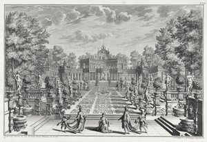 Oopperaympäristö puutarhassa, Architectus Theatralis Primariuksesta, kaiverrus Johann Andreas Pfeffel (1674-1748), julkaistu 1740 tekijältä Giuseppe Bibiena