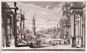 Pieni satama barokkityylisillä pylväillä, Architectus Theatralis Primariuksesta, julkaistu 1740 tekijältä Giuseppe Bibiena