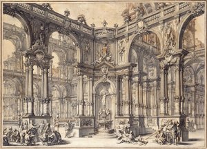 Italian palatsin Portico, jossa on onnenpatsas koristeltu suihkulähde, tekijältä Giuseppe Bibiena
