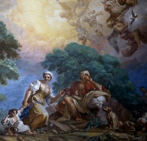 Vierailu, kirjoittanut Giuseppe Bonito (1707-1789), fresko, Porticin kuninkaallinen palatsi, Campania, Italia tekijältä Giuseppe Bonito