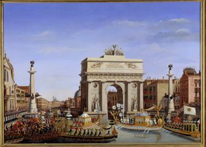 Napoleon I:n vierailu Venetsiaan 28.11.-8.12.1807: keisarin sisäänkäynti gondolissa Grand Canal -kulkueella. Giuseppe Borsaton (1771-1849) maalaus 1800-luvun aurinko. 0,65x0,90 m. - Napoleonin vierailu Venetsiaan alkaen 28