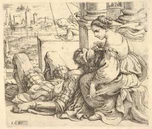 Delilah pitelee Simsonien hiuksia ja sakset, 1620-30.