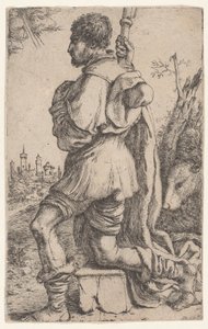 Pyhä Roch, polvistumassa kivellä, sivulta katsottuna koiransa takana..., 1620-30.