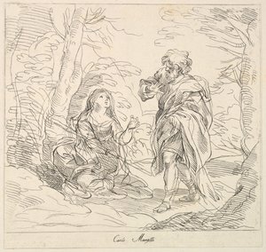 Dona asseguda i home barbut en un paisatge, 1740-1802. finlandès