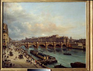 La cite et le Pont Neuf Quai du Louvresta nähtynä Etualalla venepesula (boat-wash) ja Seinen rantojen suuri toiminta. Canella Giuseppe Canella l