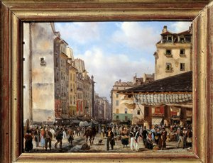 Les Halles ja rue de la Tonnellerie vuonna 1828: näkymä Pariisiin 1800-luvulla. Giuseppe Canellan (1788-1847) maalaus