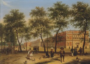 Oletettu näkymä Paseo del Pradolle ja Prado-museolle, Madrid, 1827