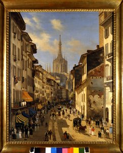 Näkymä Corsia dei Serville (nykyinen Corso Vittorio Emanuele) Milanossa. Giuseppe Canellan (1788-1847) maalaus 1834 Milano, Milanon museo