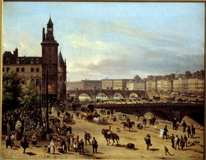 Näkymä Kukkakävelylle, kellotornille, Pont au Changelle ja Pont-Neufille Pariisissa Giuseppe Canella l