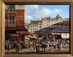 Näkymä Pariisin Hallesista Giuseppe Canellan (1788-1847) maalaus kartongille 1828. Mitat 0,14 x 0,19 m Pariisi, Musee Carnavalet