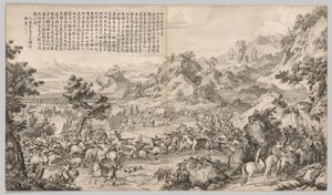 Hyökkäys leiriin Gatan Olassa: Kapinoiden tukahduttamisen taistelukohtauksista..., c. 1765-1774. tekijältä Giuseppe Castiglione