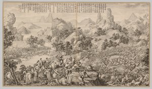Breaking Through the Siege at Hesuin: Kapinallisten tukahduttamisen taistelukohtauksista..., n. 1765-17 tekijältä Giuseppe Castiglione